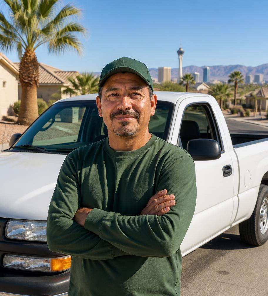 Javier Gonzalez, owner of JG Maintenance, beside his work truck in Las Vegas