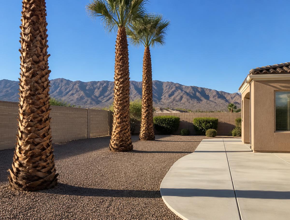 Freshly trimmed palm trees and raked gravel yard at a Las Vegas home